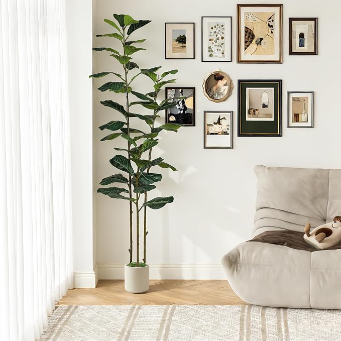 Alupssuc 6FT Artificial Fiddle Leaf Fig Tree with White Planter Pot, 6 feet Tall Fake Tree for Home Decor, Faux Ficus Tree Fake Moss for Indoor Outdoor Office Living Room