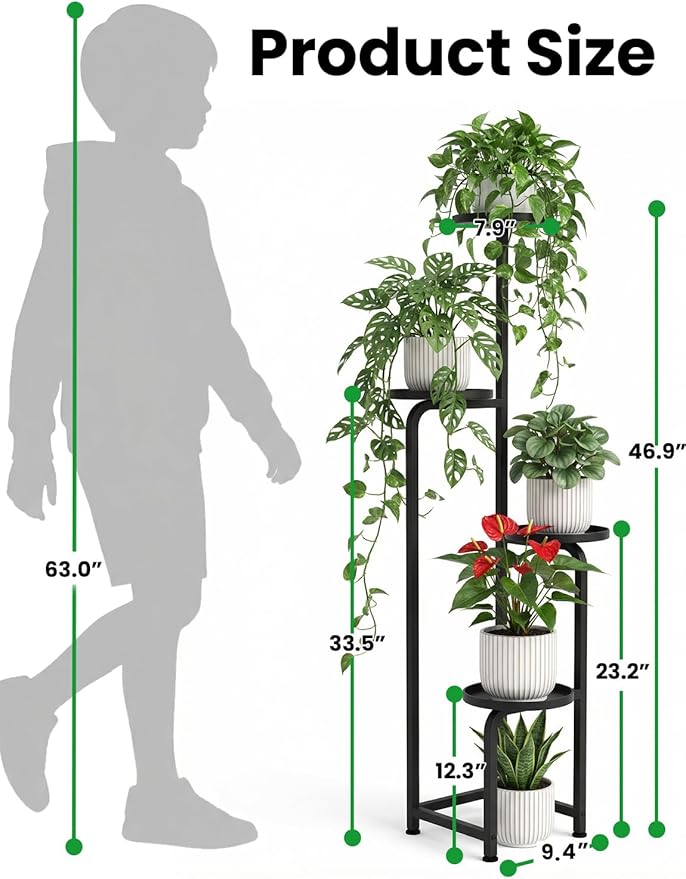 TOSKING 4 Tier Corner Plant Stand Indoor Outdoor, Heavy Duty Metal Flower Pot Holder Shelf for Multiple Plants, Space Saving ,Tall Metal Plant Stand with Drainage Holes for Outdoor Use,Tiered Display for Patio, Garden, Balcony, Living Room Decor (Black...