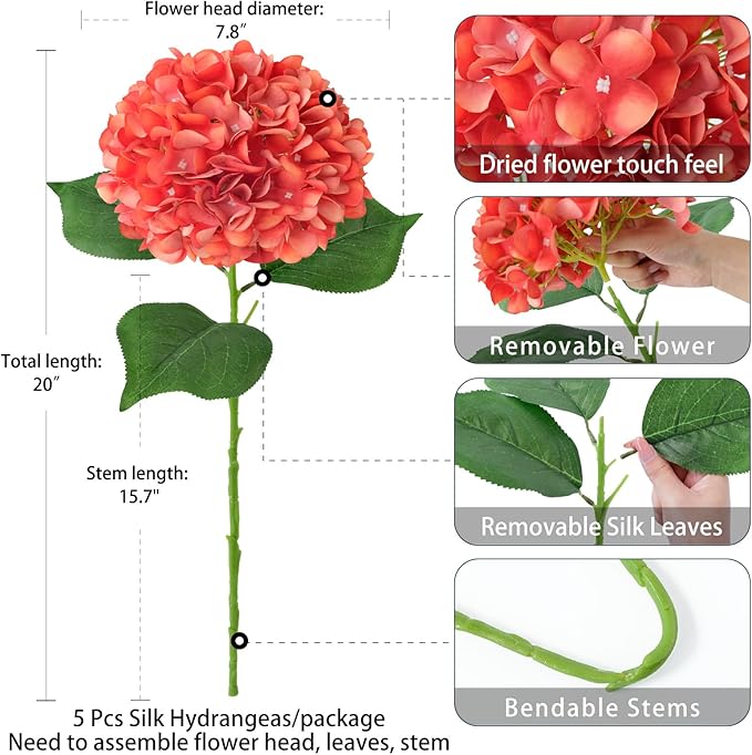 ZYTUYO 5 Pcs Orange Silk Hydrangeas Aritificial Flower Boho Dried Touch 20'' Faux Hydrangeas for Fall Home Decor Kitchen Living Room Porch Wreath Xmas Wedding Flower Arrangement
