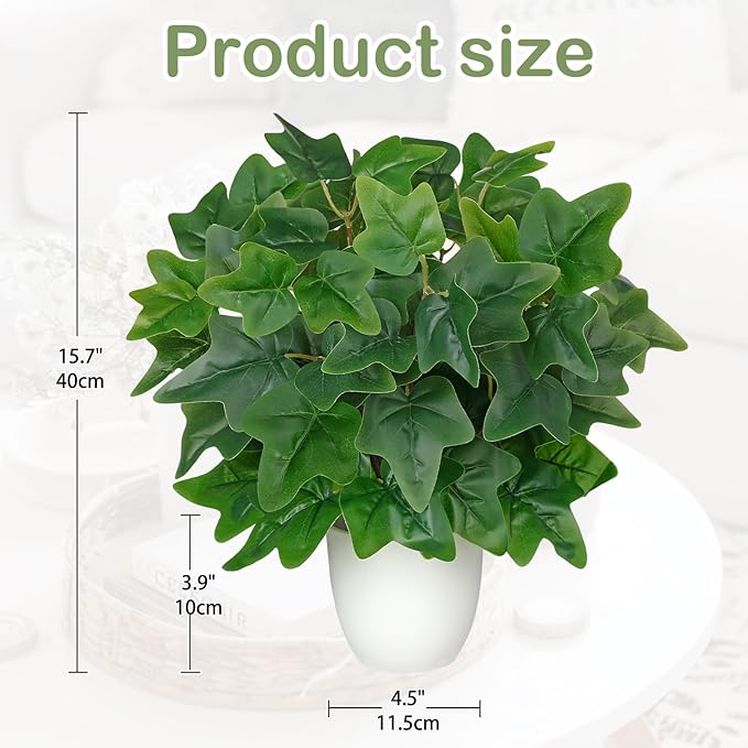 Artificial Ivy Plants in White Pot - 15.7" Fake Nerve Plant Indoor Silk Faux Pothos Ivy Plants Artificial Greenery Potted Small Faux Potted Plant for Office Desk Home Decor Shelf Bathroom Decorations