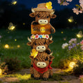 Glintoper Solar Garden Highland Cow Statue, 12" Outdoor Spring Decoration Lighted Triple Stacked Resin Cow Whimsical Yard Art, Birthday Mothers Day Ideal Gifts, for Summer Porch Pathway Patio Lawn
