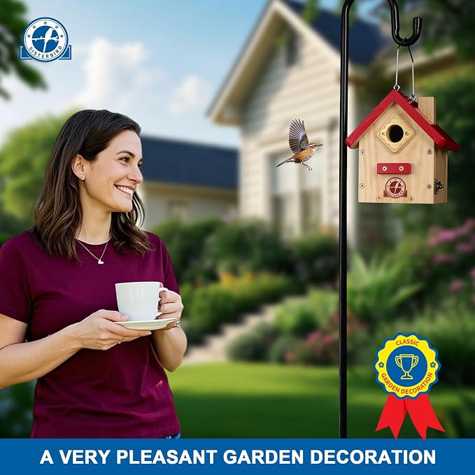 SISTERBIRD Wren Bird House, Premium Wooden Bird Houses for Outside, Classic Cabin Design Birdhouses for Outdoors, Hanging Bird House, Red-Breasted Nuthatch Wren Chickadee