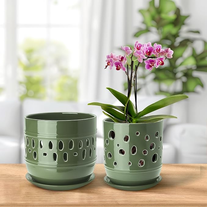 Orchid Pots with Holes, 5+6 Inch Ceramic Orchid Pot, Enhance Good Ventilation and Drainage, Flower Pots for Indoor/Outdoor Plants 2 Pack - Forest Green