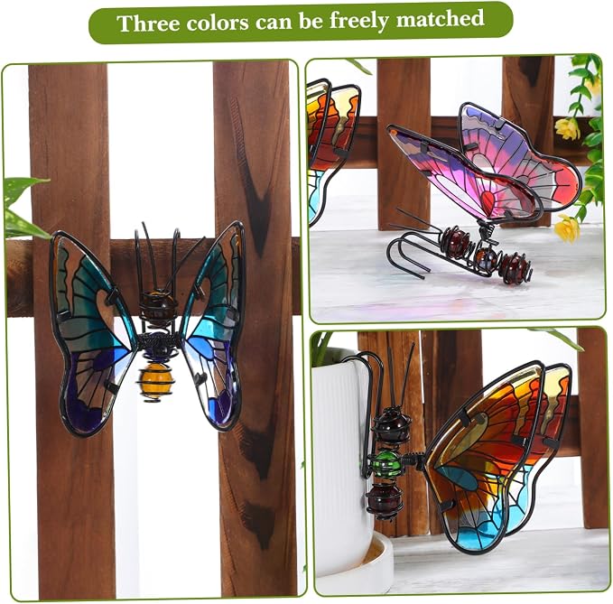 HANABASS 3Pcs Stained Glass Butterfly Plant Pot Hugger Decor - Metal Hanging Flower Planter Ornaments - Outdoor Garden Figurine Art for Potted Plants & Herbs
