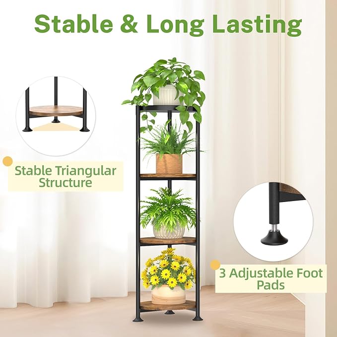 iDavosic.ly 4 Tier Plant Stand Indoor with Grow Light, 30 Inch Tall Vertical Corner Metal Flower Heavy Duty Pot Holder Shelf, Modern Black & Rustic Brown - Round