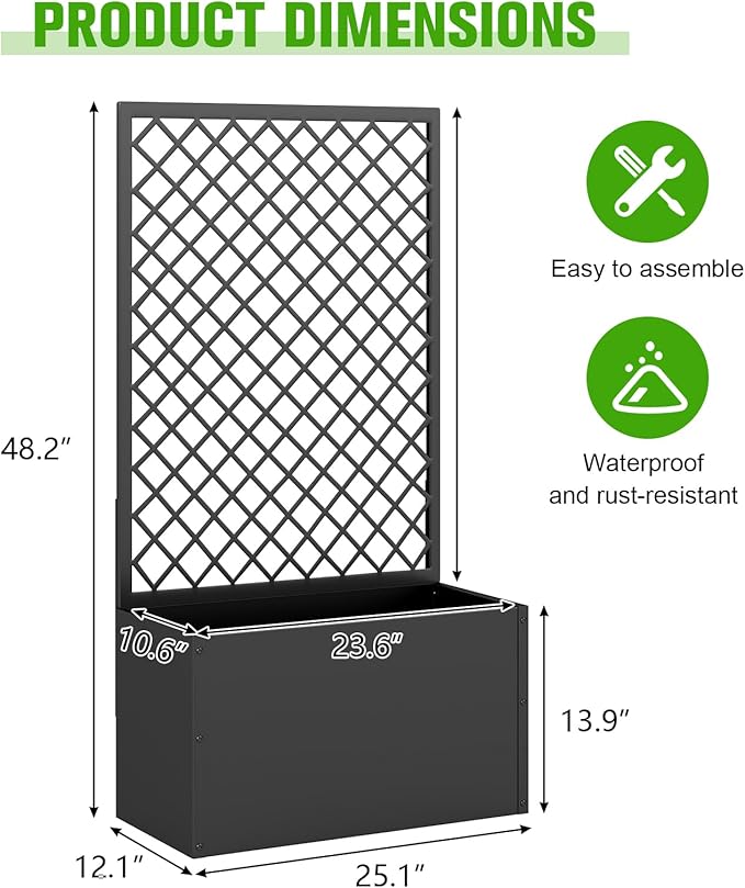 MOTION Outdoor Raised Garden Bed with Trellis - Free Standing Planter for Hanging Flower Baskets Lattice Planter Boxes, Black