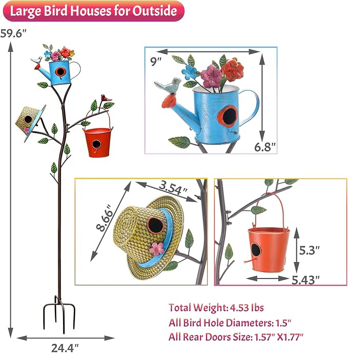3-in-1 Bird House with Pole for Outside, Multi-Colored Metal Bird Houses for Outside, Durable Colorful Birdhouse on Stake for Bluebirds, Squirrel Proof with Easy-Clean Rear Doors, Garden Decor
