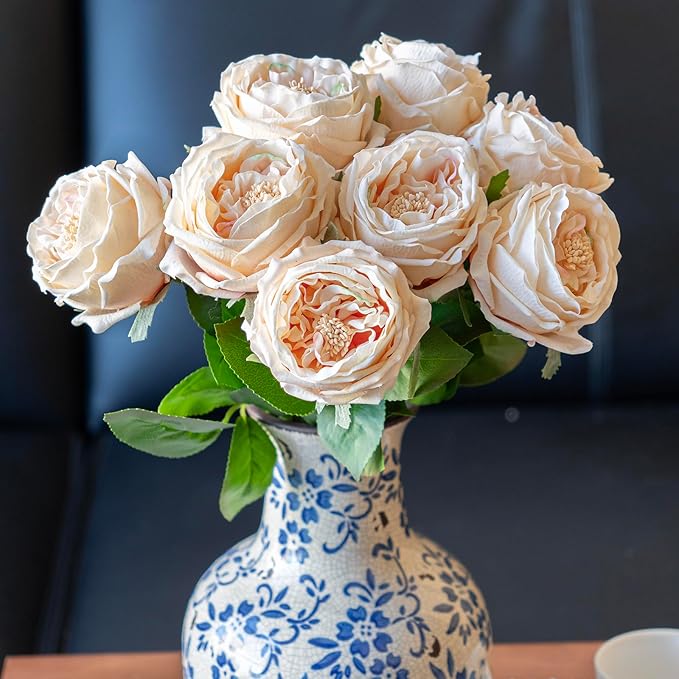 DUYONE Fake Flowers for Decoration Home Decor Artificial Flowers Austin Rose Peony Latex Fake Flower Living Room Decoration Vivid Pink Roses Peonies (Champagne 4pcs)