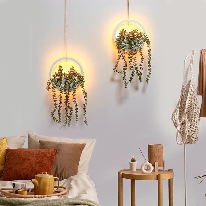 Comtelek 2pcs Artificial Hanging Plants with Lights Fake Succulents Plant in Pot Boho Wall Decor Fake String of Pearls with Lanyard for Bathroom Living Room Home Balcony Ceiling (White)