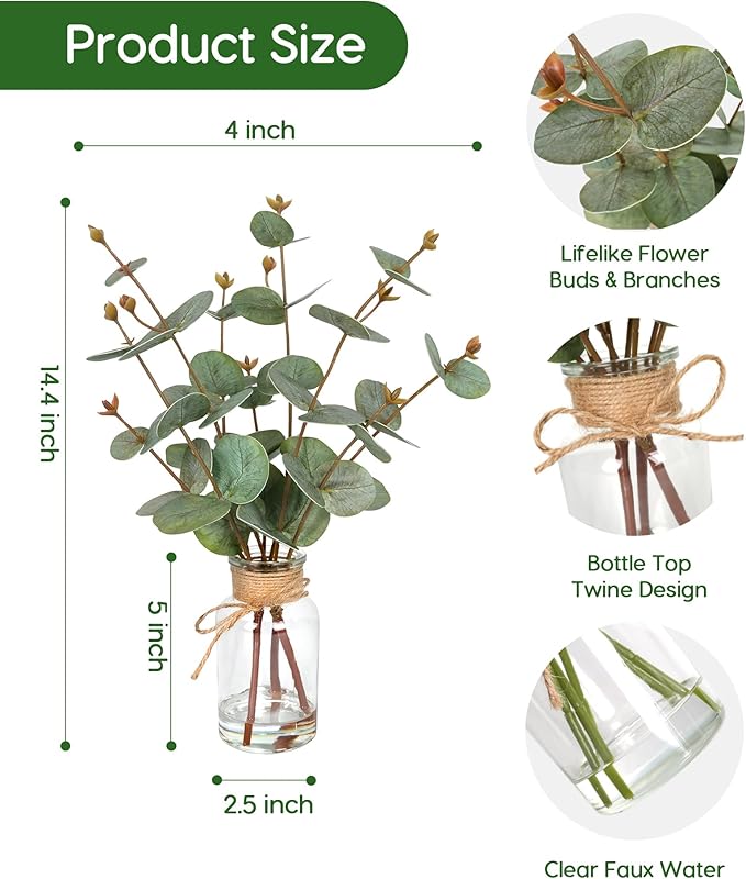 Velener Faux Eucalyptus Stems in Vase with Faux Water, Fake Plants Artificial Eucalyptus Plant for Home Decor, Kitchen Bathroom Farmhouse Living Room Coffee Table Faux Centerpieces for Tables Green