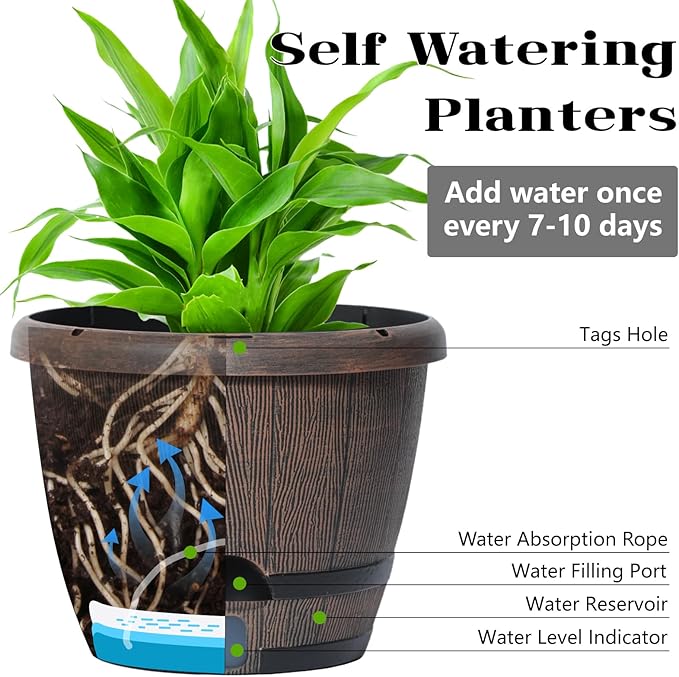 Sun-E 10 Inch Whiskey Barrel Self Watering Planters 3Pack- Brown Wood Grain with Side Water Level Indicator,Drainage Holes,Saucer&Plant Tags for Indoor Outdoor Garden Plants,Decor&Plants Not Included