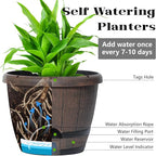 Sun-E 10 Inch Whiskey Barrel Self Watering Planters 3Pack- Brown Wood Grain with Side Water Level Indicator,Drainage Holes,Saucer&Plant Tags for Indoor Outdoor Garden Plants,Decor&Plants Not Included