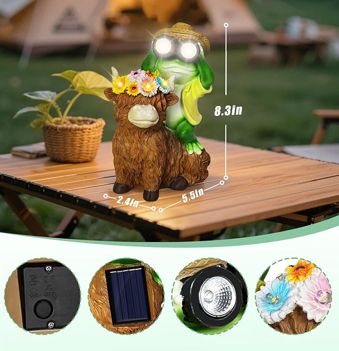 EDOF Solar Garden Lights Frog Sitting on Highland Cow Statue with Flower Garden Decor, for Women Mom,Frog Highland Cow Outdoor Figurine Decorative LED Lights for Yard Art Patio Porch Lawn