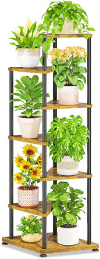 LASZOLA 6 Tier Tall Wood Plant Stand Indoor, Heavy Duty Corner Plant Rack for Large Planters, Multi Level Vertical Metal Flower Holder Display Shelf for Living Room Patio Balcony Garden, Rustic Brown