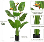 5FT Artificial Bird of Paradise Plant with Flowers, Tall Tropical Fake Plant Indoor, Large Artificial Plant for Living Room, Office Decor, Faux Floor Plant with Pot