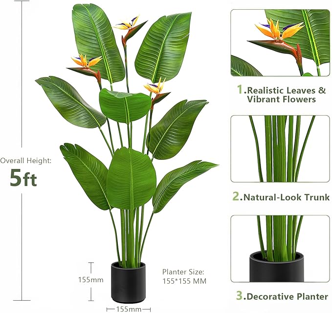 5FT Artificial Bird of Paradise Plant with Flowers, Tall Tropical Fake Plant Indoor, Large Artificial Plant for Living Room, Office Decor, Faux Floor Plant with Pot