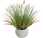 AlphaAcc 16.5" Fake Grass Plant Decorative Faux Greenery in Textured Gray Stripe Planter Lifelike Artificial Potted Plant for Modern Farmhouse Living Room Bedroom Kitchen Office Table Decor