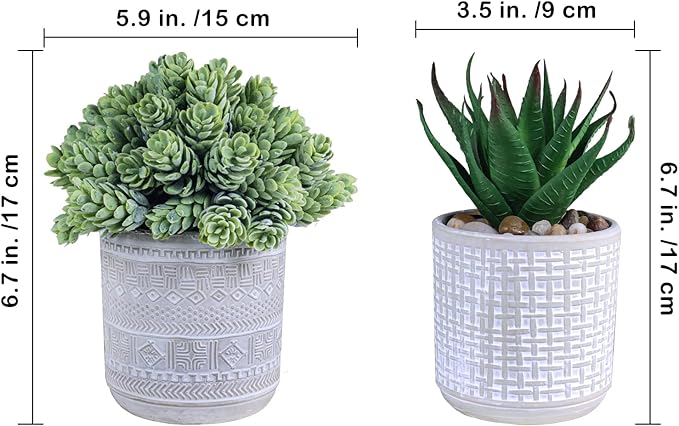 Set of 3 Assorted Small Potted Succulent Plants Fake Aloe String of Pearls Hops Succulents in Gray Geometric Concrete Ceramic Pots for Gifts Modern Home Office Desk Table Indoor Outdoor Greenery Decor
