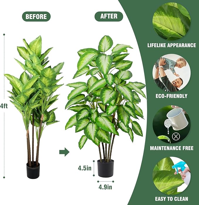 Artificial Golden Dieffenbachia 4ft Tall Artificial Plants Indoor Decorative Silk Plants Potted Faux Tropical Tree Lifelike House Floor Large Fake Tree for Home Living Room