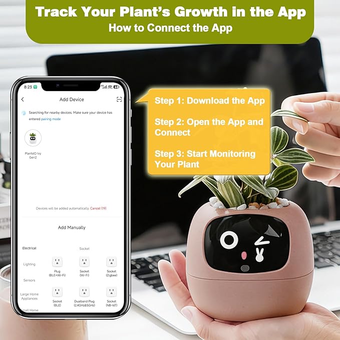 Smart Planter with App Control, Self-Watering AI Plant Pot with LCD Display, Interactive Desk Plant Companion for 100+ Plants, Smart Indoor Planter with Pomodoro Timer,80ml Reservoir,Calendar-Pink