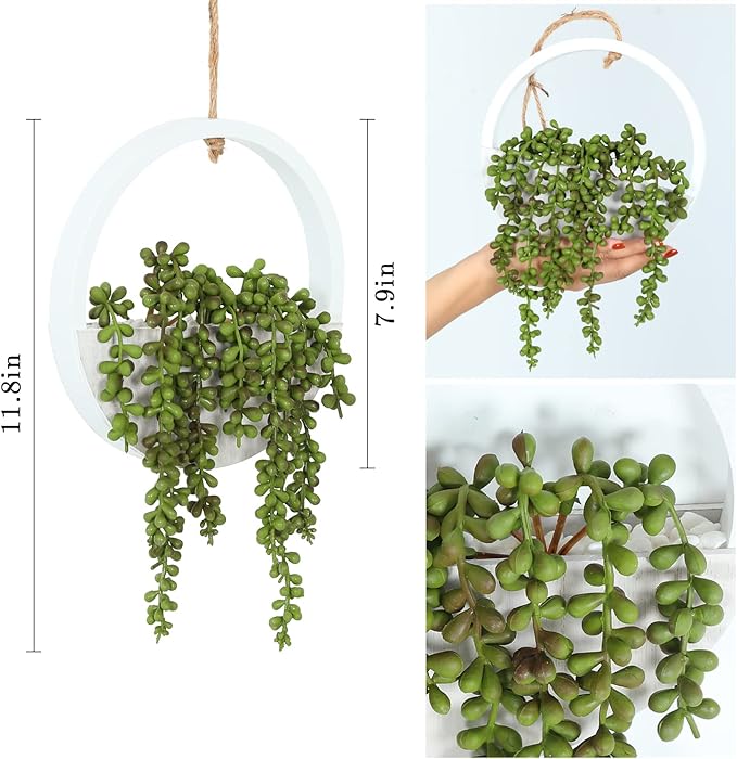 Artificial Hanging Plants Hanging Planter Fake Succulents Artificial String of Pearls with Pot and Lanyard for Home Office Wall Decoration