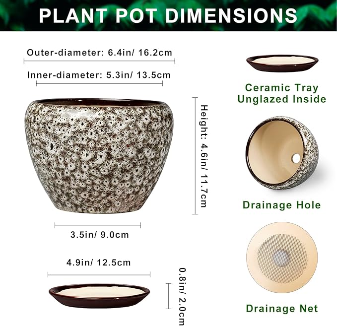 6 Inch Pots for Plants - Ceramic Plant Pots with Drainage Hole and Saucer, Round Planters for Indoor Plants Outdoor, Decorative Planter, Home Decor, Gifts for Plant Lovers, White Leopard