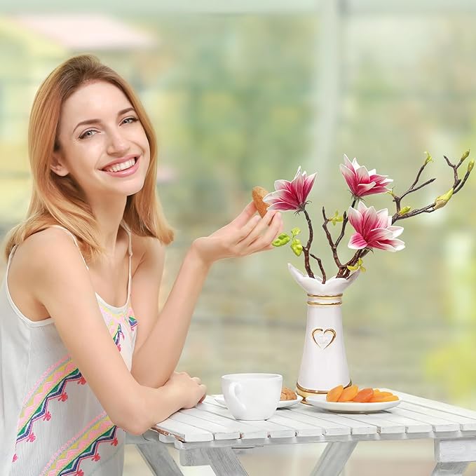 LoveLin Artificial Flowers Pink with Ceramic Vase - Ready-to-Display Home Decor Indoor for Living Room, Dining Table, Office, Wedding & Housewarming, Magnolia Flower & White Vase