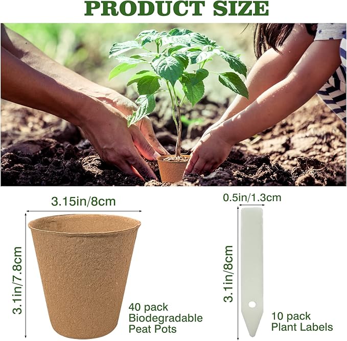 INCIKITI 40Pcs 3.15 Inch Peat Pots, Biodegradable Eco-Friendly Round Plant Seedling Starters Kit, Seed Germination Trays with 10 Labels for Flower Vegetable Tomato Saplings & Herb Germination, Khaki