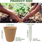 INCIKITI 40Pcs 3.15 Inch Peat Pots, Biodegradable Eco-Friendly Round Plant Seedling Starters Kit, Seed Germination Trays with 10 Labels for Flower Vegetable Tomato Saplings & Herb Germination, Khaki