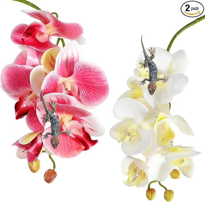 Chuangdi 2 Pieces Artificial Phalaenopsis with Suction Cups Terrarium Plant Decoration Reptile Habitat Plant Decor for Hermit Crab Lizards Geckos Snake Reptile (Dark Pink, White Yellow)