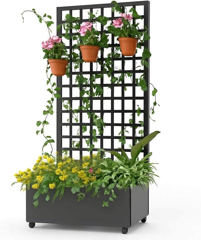 GarveeHome Metal Raised Garden Bed with Trellis and Wheels, Planter Box for Climbing Plants, Vegetables, with Square Lattice Trellis, Drainage Holes & Privacy Screen, for Garden & Backyard