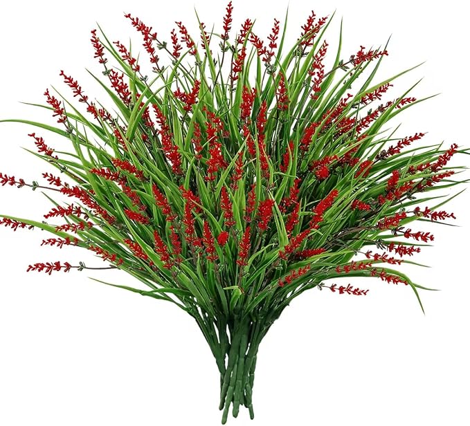 24 Bundles Artificial Plants Flowers Outdoor, Faux Lavender Flowers Fake Monkey Grass UV Resistant Plastic Plant for Porch Garden Patio Window Home Decor, Red