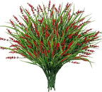24 Bundles Artificial Plants Flowers Outdoor, Faux Lavender Flowers Fake Monkey Grass UV Resistant Plastic Plant for Porch Garden Patio Window Home Decor, Red