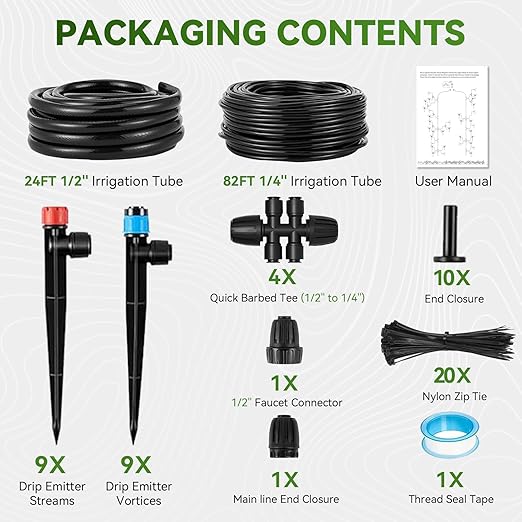 Drip Irrigation System,106FT Automatic Garden Watering System with 1/2" & 1/4" Fast-Lock Tubing Adjustable Nozzles & Sprinklers,Quick-Connect Drip Irrigation System Kit for Garden,Lawn,Potted Plants
