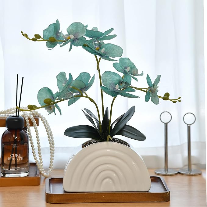 Fake Orchid Plant in White Rainbow Pot, Artificial Silk Phalaenopsis Orchid Flowers for Home Décor, Table Centerpiece, Office Desk (Teal Blue)