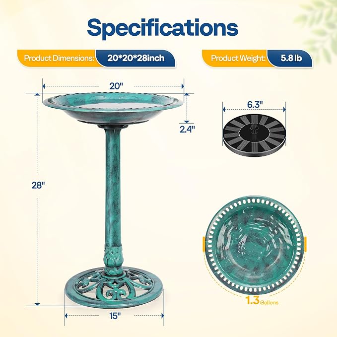 VIVOHOME Bird Bath with Solar Fountain for Outside, Polyresin Pedestal Bird Baths with Solar Powered Pump for Outdoor, Garden, Weather-Resistant Birdbaths with 20" Bowl, Green