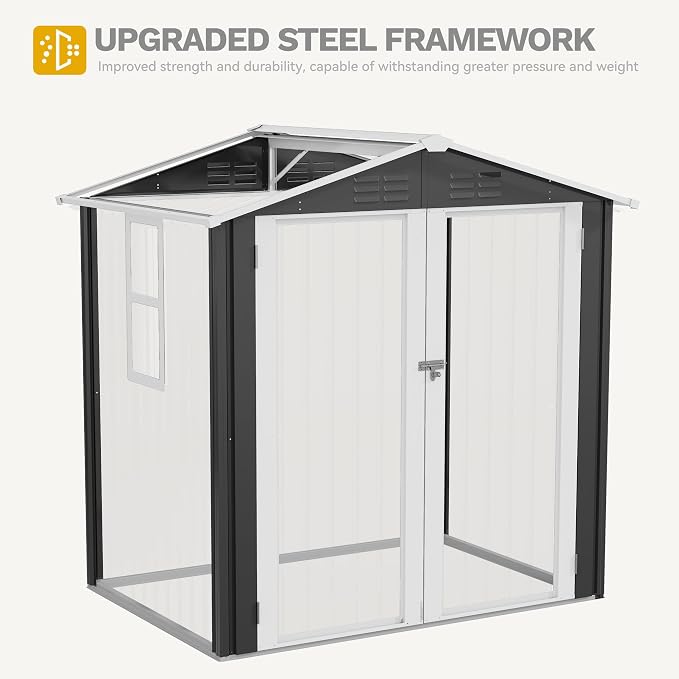 DWVO 6x4ft Large Tool Storage Shed with Window, Lockable Doors, and Sloped Roof, Oversized Steel Outdoor Storage Shed for Garden, Patio, Garage, Backyard, Lawn - Gray White