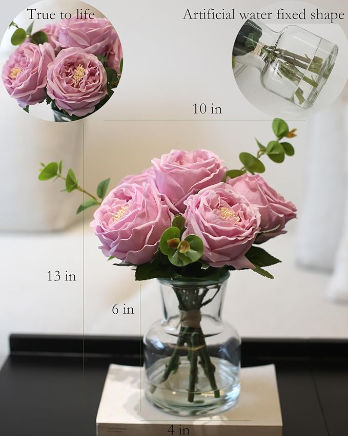 CHASMILE Artificial Flowers with Pinkish-Purple Peonies in Vase, Fix Lifelike Fake Flowers in a Vase with Artificial Water, Faux Flower Arrangements for Dining Table Centerpiece Decor