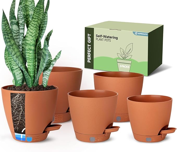 Self Watering Pots for Indoor Plants (5/5.5/6/6.5/8 Inch), Terra Cotta Planters with Water Level Indicator & Drainage,Wicking Pots for Monstera, Herbs & Snake Plant (Terra Cotta, 5/5.5/6/6.5/8 Inch)
