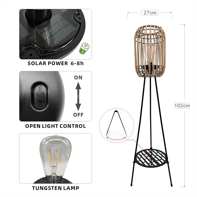 40.55'' Metal Outdoor Solar Floor Lamps with Waterproof Solar Rattan Lights Plant Stand Porch Lantern Decoration for Patio Deck Yard Garden Porch