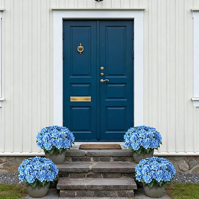 FOTEEWL 8 Bundles Artificial Hydrangea Flowers for Outdoor Decor, Realistic Faux Silk Bouquets Sun-Resistant Fake Plants for Front Door Balcony Farmhouse Garden Home Spring Summer Decor (Blue)
