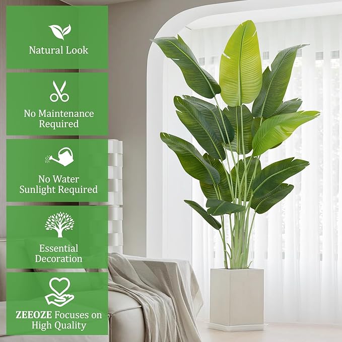 Artificial Bird of Paradise Plant 6.5Ft Tall Fake Tropical Palm Tree Large Fake Plants with 15 Silk Banana Leaves Faux Plant Indoor Decor Trees White Pot for Home Bedroom Living Room Office