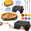 14Pcs Leopard Gecko Tank Accessories Set, Reptile Care Kit with Feeding Tweezers, Silicone Spoon, Hideout, Water Dish & Food Bowls for Leopard Gecko Terrarium