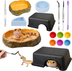 14Pcs Leopard Gecko Tank Accessories Set, Reptile Care Kit with Feeding Tweezers, Silicone Spoon, Hideout, Water Dish & Food Bowls for Leopard Gecko Terrarium