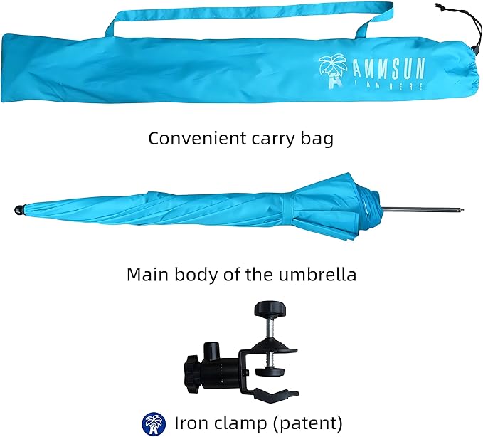 AMMSUN XL Chair Umbrella with Universal Clamp Adjustable 47 inches and 360-degree Swivel UPF 50+, Portable Clamp on Camping or Beach Chair, Stroller, Wheelchair, Golf cart, Bright Blue, 2 PACK