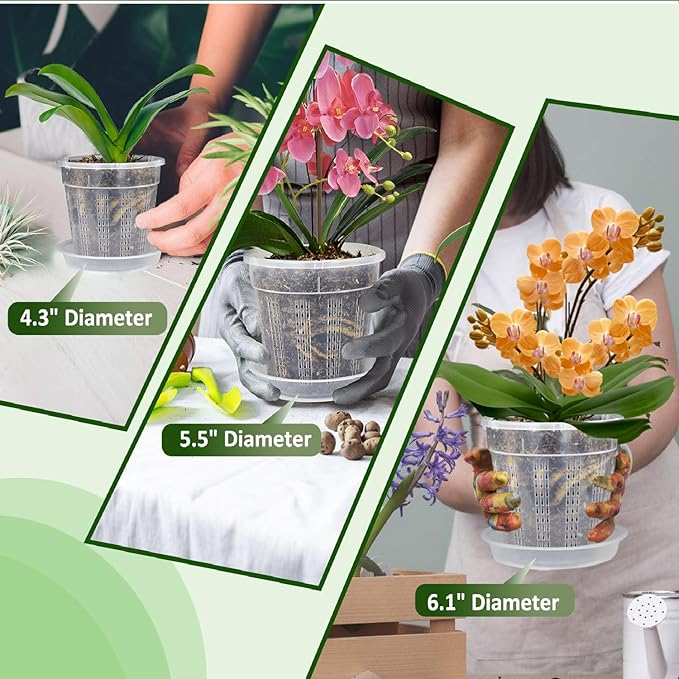 Orchid Pot with Saucers, 6 Packs of 6.1" Orchid Pots with Holes, Orchid Pots for Repotting, Plastic Orchid Planter for Indoor Outdoor Plants (6 Packs, 6.1" with Saucers)
