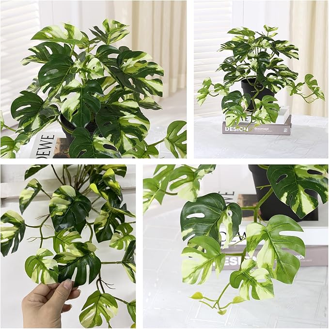 Fake Plants Hanging Small Faux Potted Ivy Vine Artificial Monstera Mini Faux Tropical Plants Greenery for Bathroom Office Table Pot Indoor Outdoor Decor Windowsill Shelf DIY Decoration - White 2 Pack