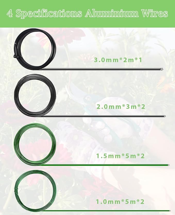 MOSFiATA Bonsai Wire Kit 8Pcs, 7 Roll Aluminum Bonsai Training Wire Coils with Cutter Set -1/1.5/2.0/3.0mm Multiple Sizes Bonsai Accessories for Bonsai Trees Branch Control Plant Shaping
