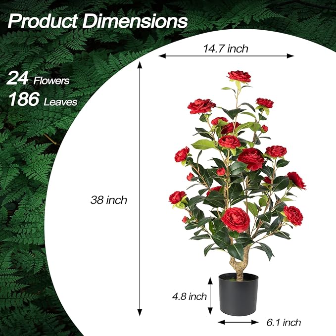 Artificial Camellia Tree 2 Pack - Realistic Camellia Plants in Pot with Red Flowers, Lifelike Faux Greenery for Living Room, Patio, or Wedding, Red