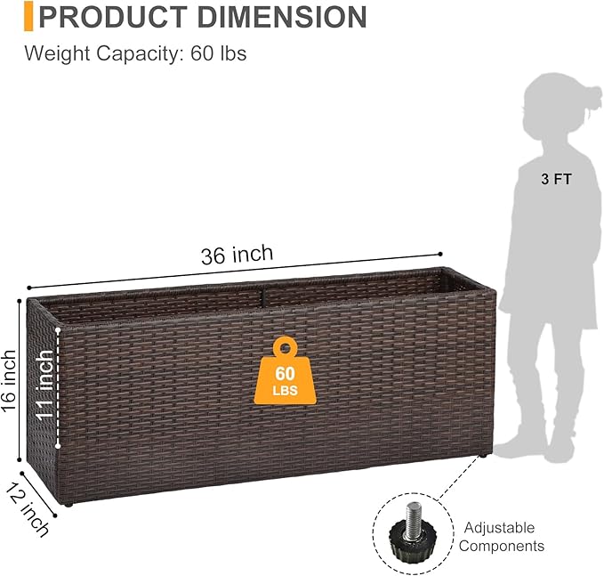 SUNNYPARK Gray Rectangular Planter Box All-Weather PE Rattan Large Modern Planters with Removable Liner Indoor Outdoor Decorative Flower Pot for Patio, Balcony, Garden